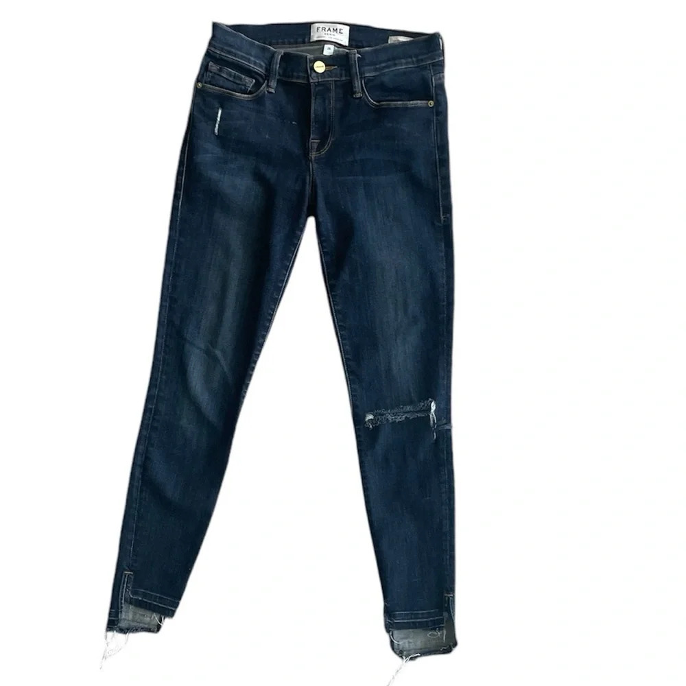 Frame Denim Womens Le Skinny de Jeanne Mid-Rise Denim Distressed Jeans